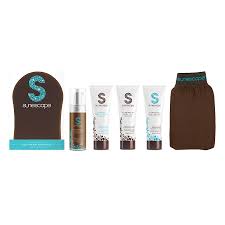 Sunescape Trousse découverte/Voyage(Mousse autobronzante instantanée 50ml, Prolongateur graduel de bronzage 50ml, Lotion scintillante corporelle teintée 50ml, Beurre corporel hydratant 50ml, Gant applicateur autobronzant & Gant Exfoliant)